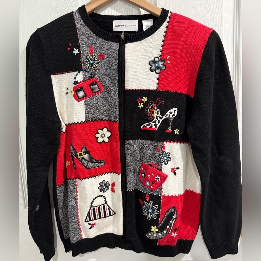 Alfred Dunner Women's Black, Red, and Gray Embroidered Shoes & Handbags Cardigan